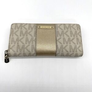 Michael Kors Zip Around Wallet Gold Monogram Logo Preppy Classic Neutral